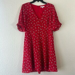 Madewell 100% silk red floral ruffle sleeve dress size 8